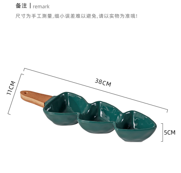 JY24440 - green blue pink white wave love shape ceramic Snacks bowl with wooden handle