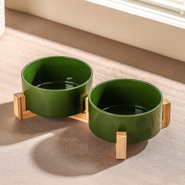 JY24431 - 6" Ceramic Dog and Cat Bowl with Wood Stand