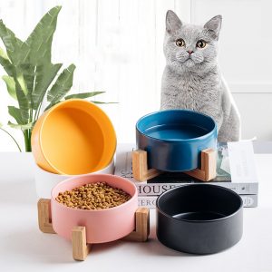 JY24431 - 6" Ceramic Dog and Cat Bowl with Wood Stand