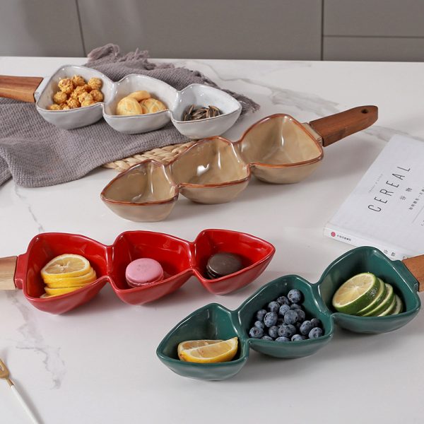 JY24440 - green blue pink white wave love shape ceramic Snacks bowl with wooden handle