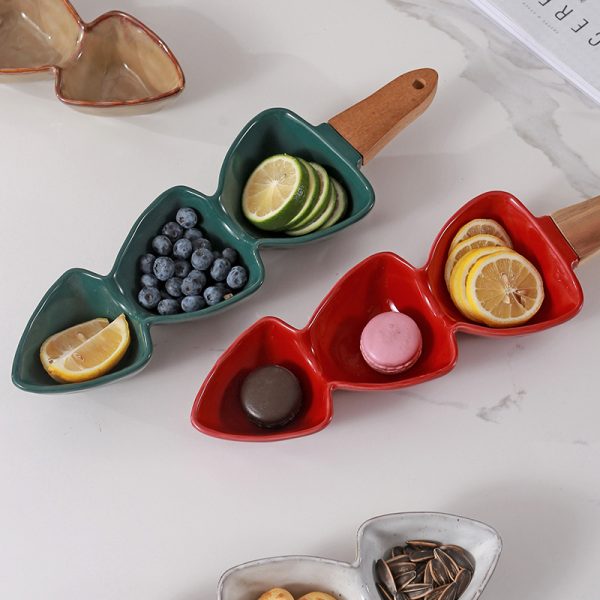 JY24440 - green blue pink white wave love shape ceramic Snacks bowl with wooden handle