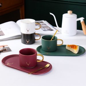 JY24453 - Cappuccino Cups with Saucers, 8.5 oz Stackable Ceramic Coffee Cup and Saucer