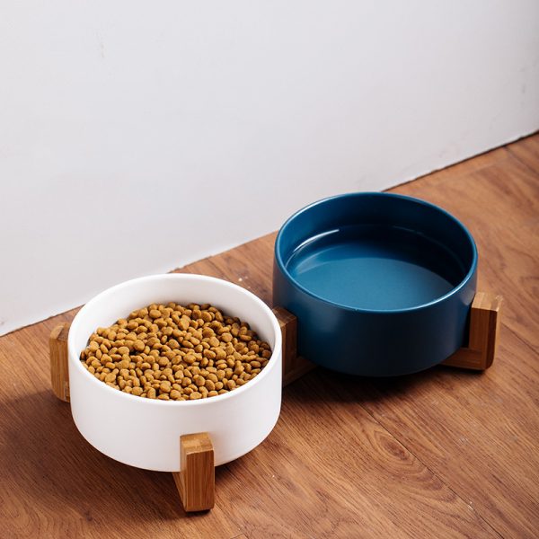 JY24431 - 6" Ceramic Dog and Cat Bowl with Wood Stand
