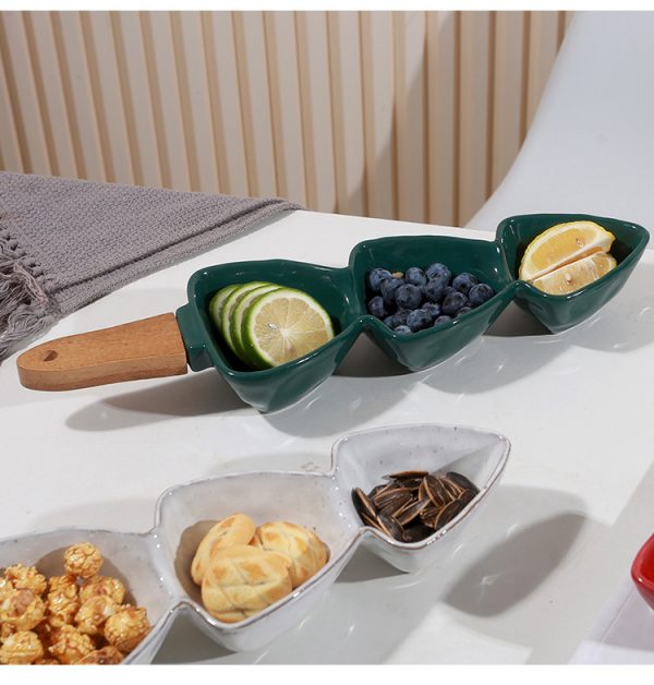 JY24440 - green blue pink white wave love shape ceramic Snacks bowl with wooden handle