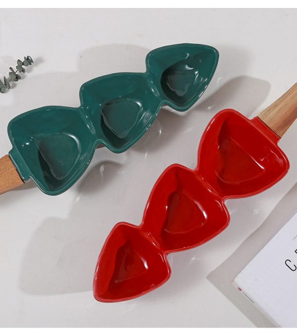 JY24440 - green blue pink white wave love shape ceramic Snacks bowl with wooden handle