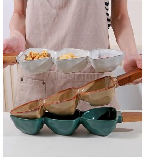 JY24440 - green blue pink white wave love shape ceramic Snacks bowl with wooden handle